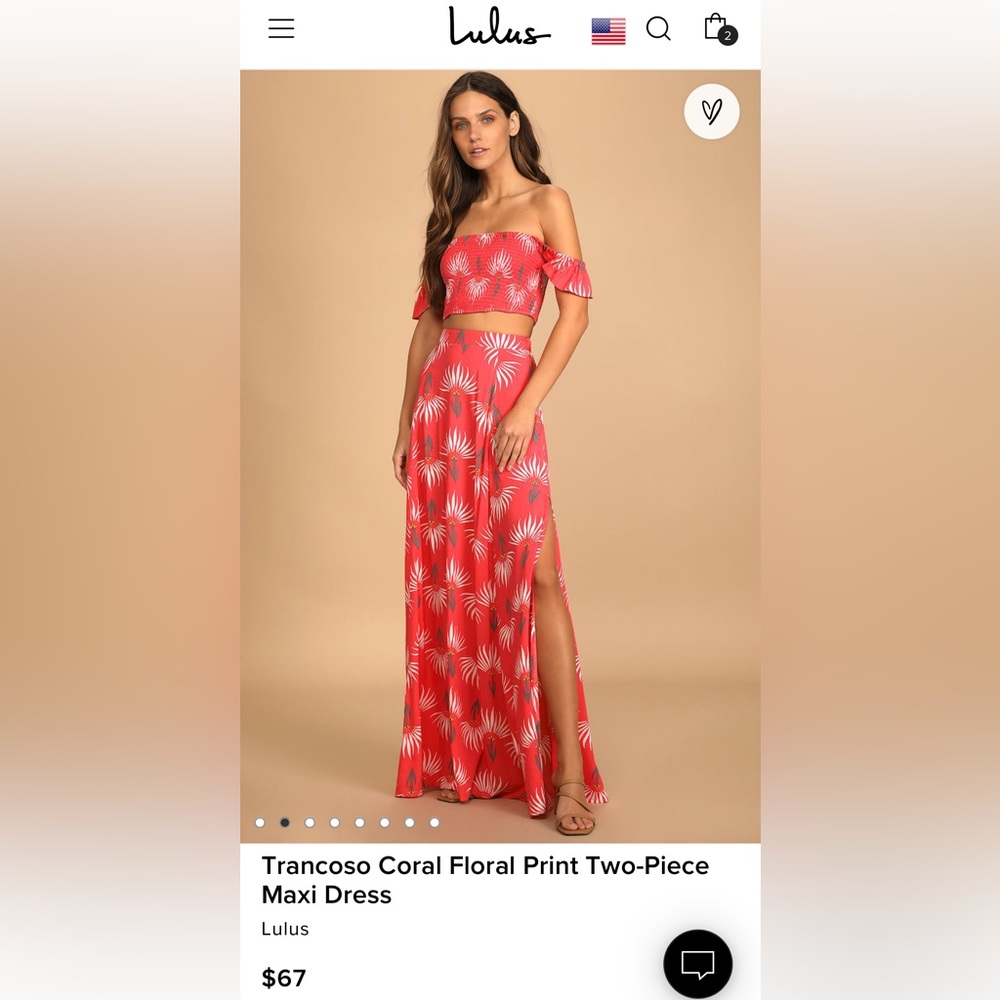 Lulus Trancoso Coral Floral Print Two-Piece Maxi Dress (L)